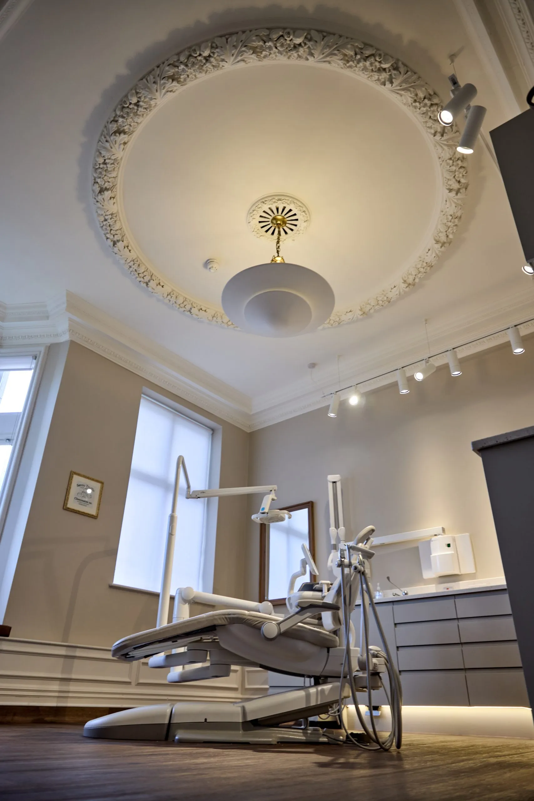 Ornate original ceiling rose above the new surgery at Union Quay Dental, Tynemouth