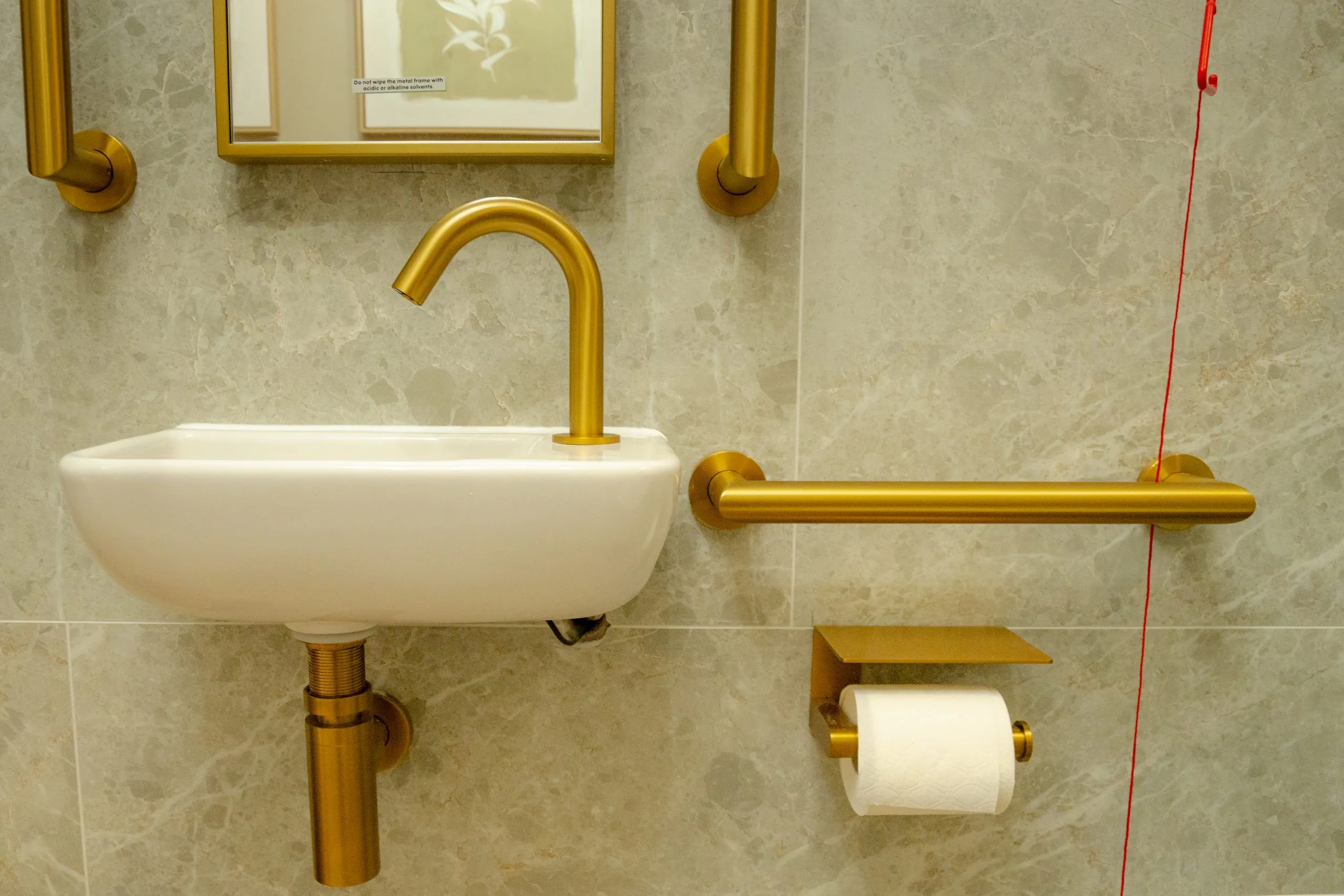 Antique brass taps and grab rail in the patient washroom at Alma Dental