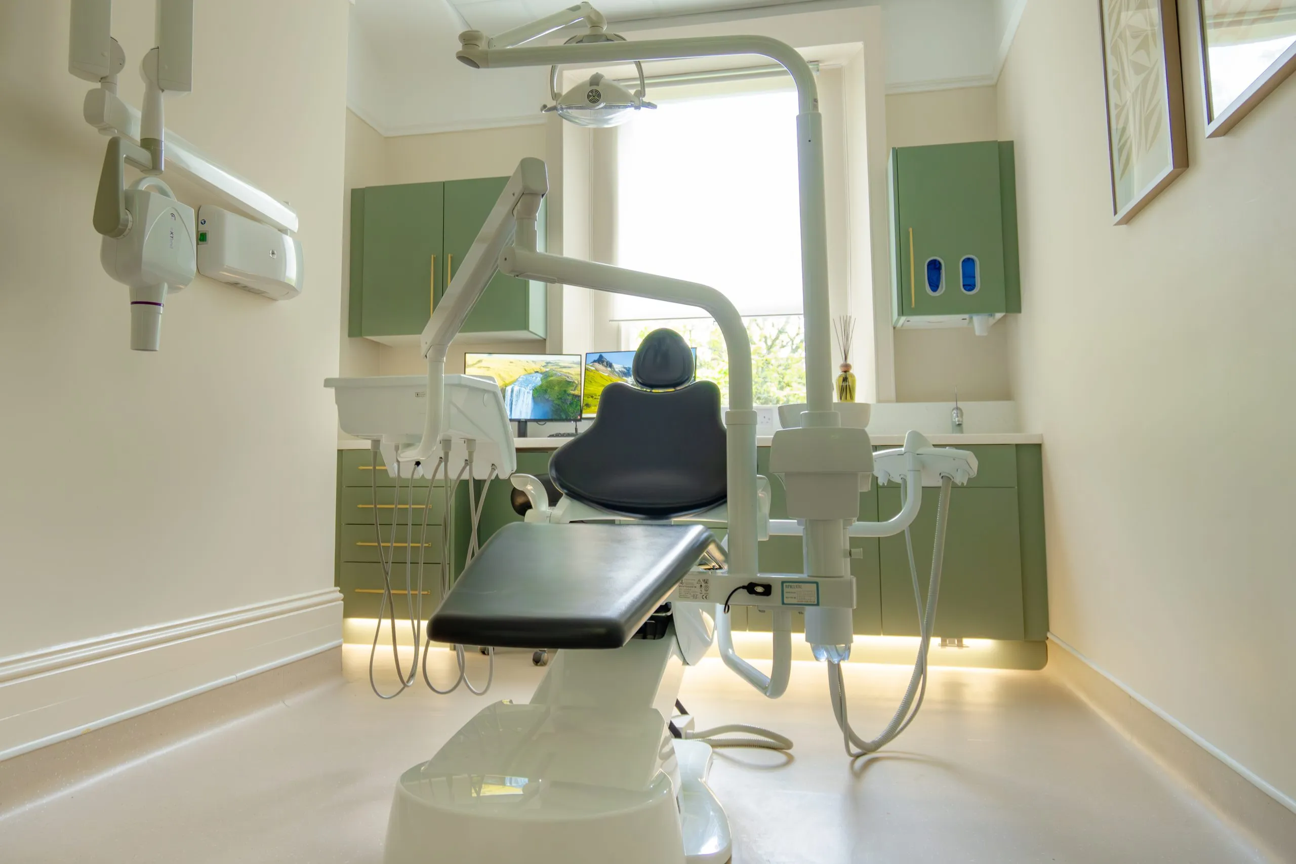 Dental chair and window view in a refurbished surgery at Alma Dental, North Shields