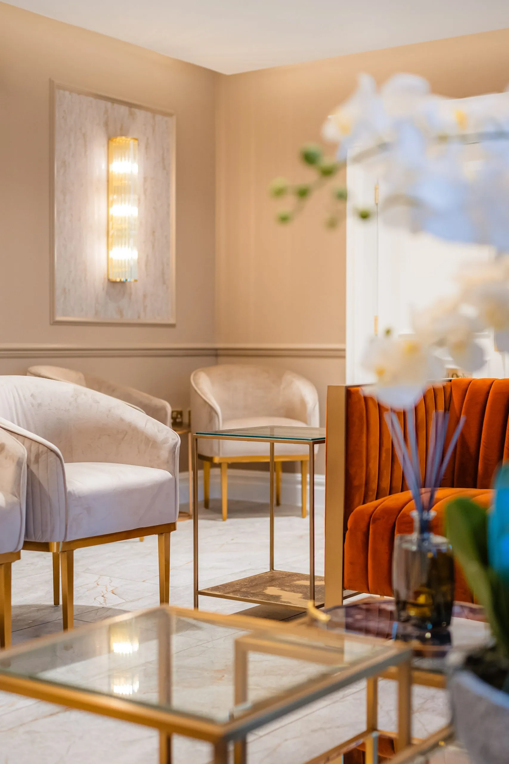 Velvet armchairs and brass detailing in the patient waiting area at Bromsgrove Dental Specialists