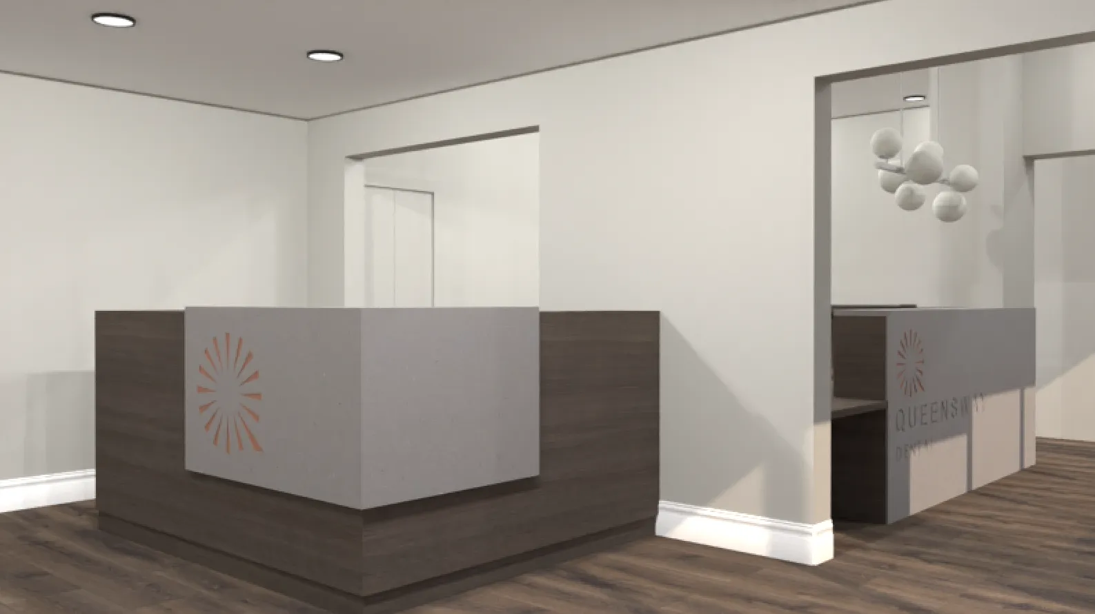 Design visual of the reception desk and waiting space at Queensway Dental, Billingham