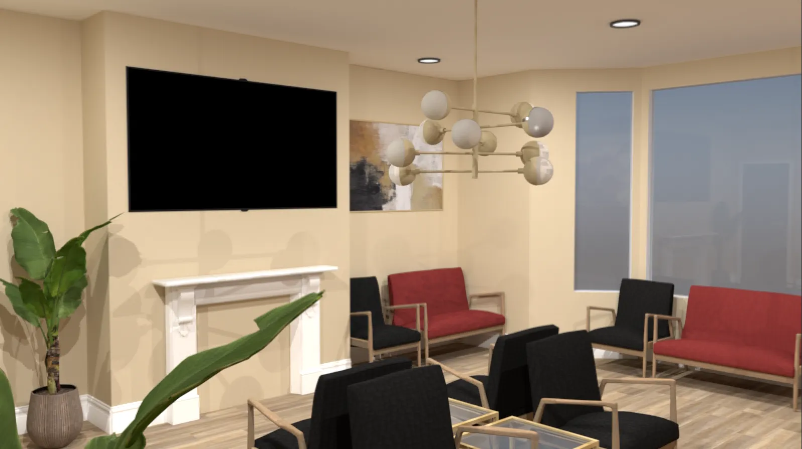 Design visual of the reception and branded feature wall at Westmount Dental, Jarrow