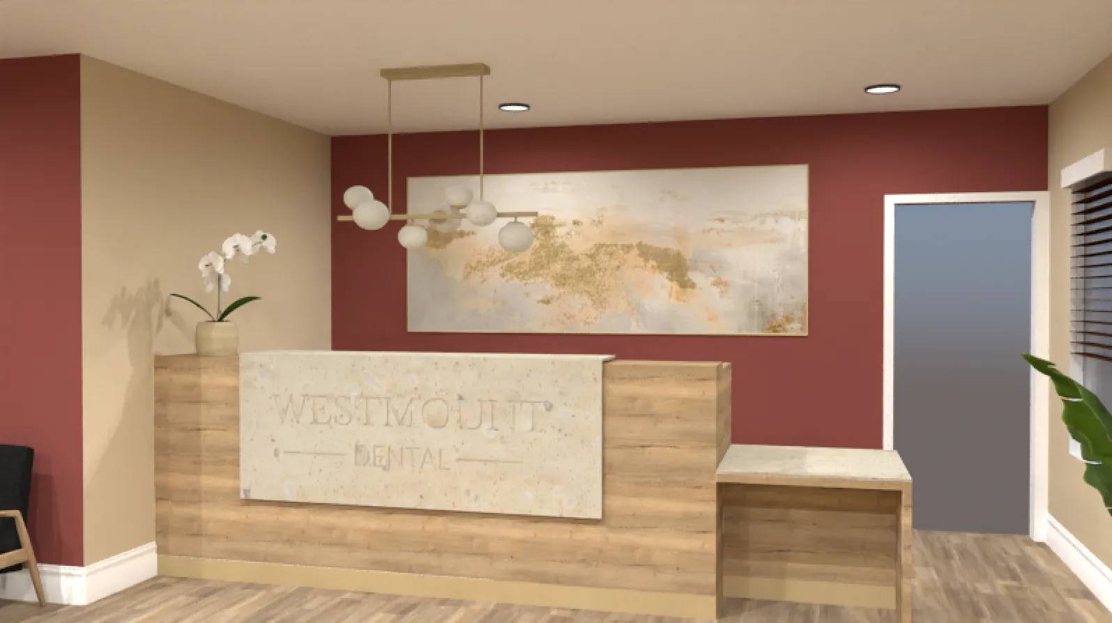 Design visual of the reception desk at Westmount Dental, Middlesbrough