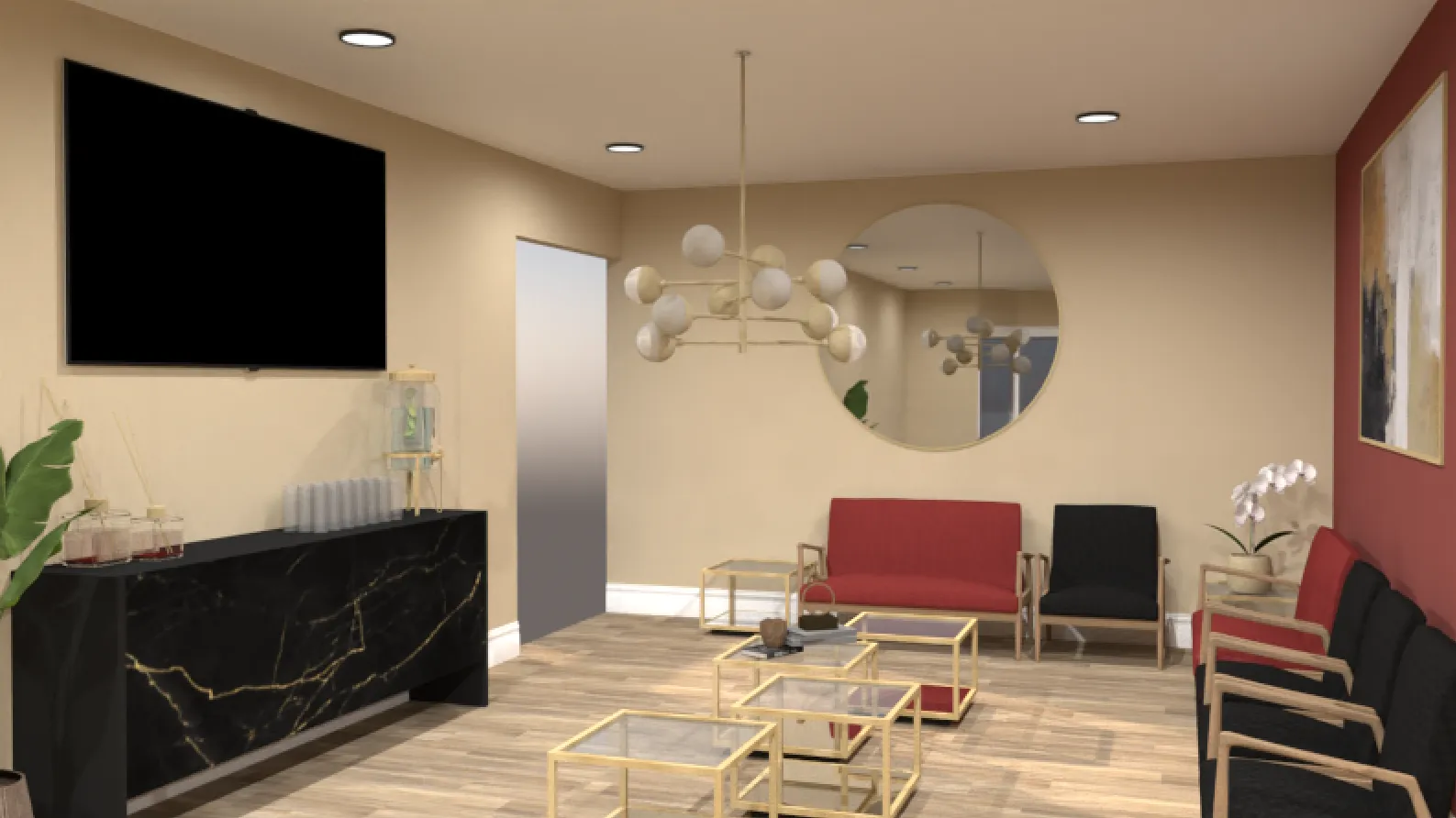 Design visual of the reception and seating at Westmount Dental, Middlesbrough